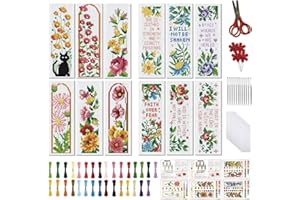 FREEBLOSS 12 Set Cross Stitch Bookmark Kit Stamped Cross Stitch Kit Flower and Words Embroidery Set with Instruction for Adul