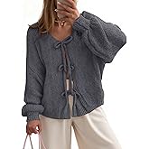 UNCLECAT Womens Bow Tie Front Cardigan Sweaters Oversized Fall Open Front Cardigans Cute Loose Knit Tops
