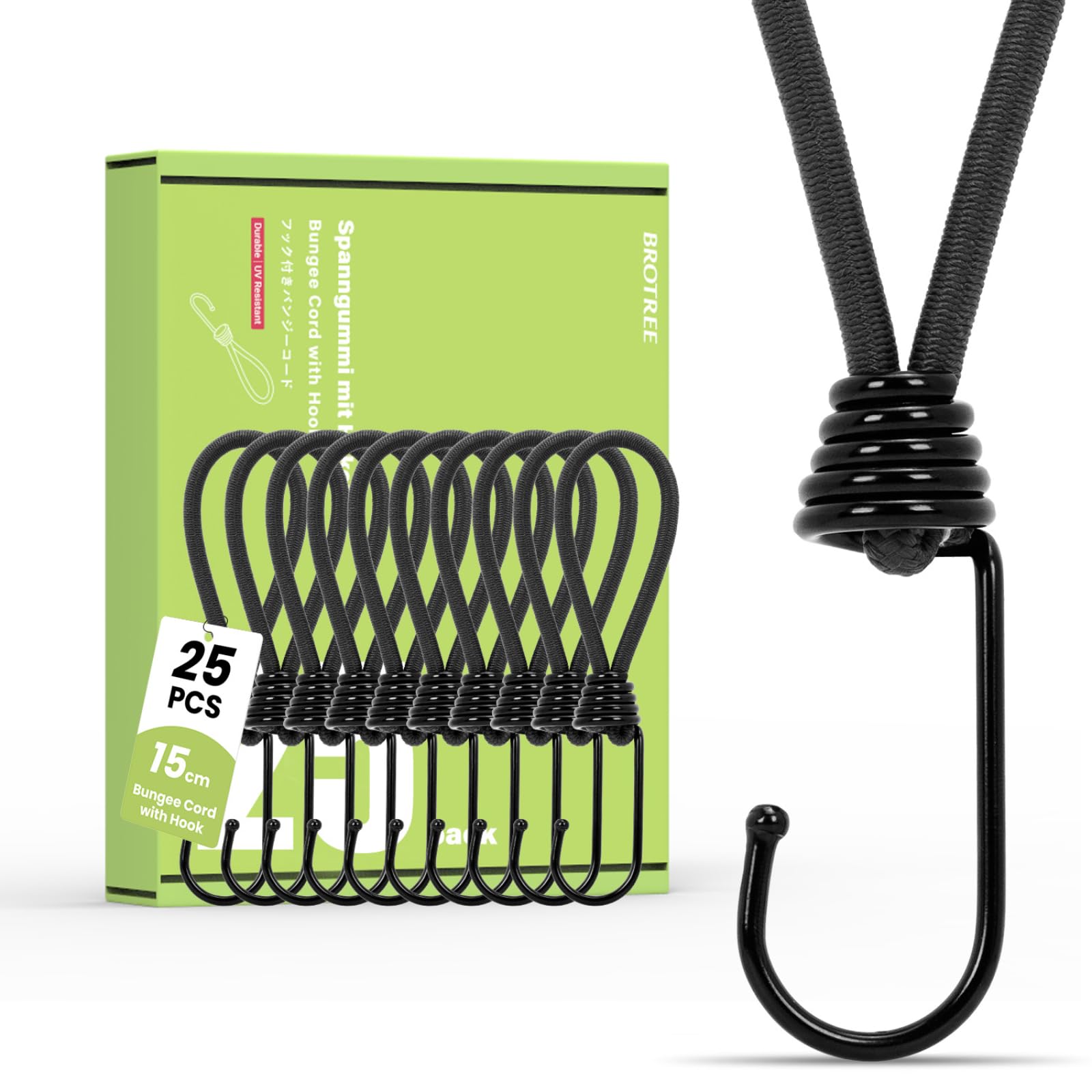 Brotree Bungee Cords with Hooks 25 Pack 15cm Bungee Hooks Small Bungee Rope with Hooks for Tarpaulins, Tents, Tarp and Fixing - Black