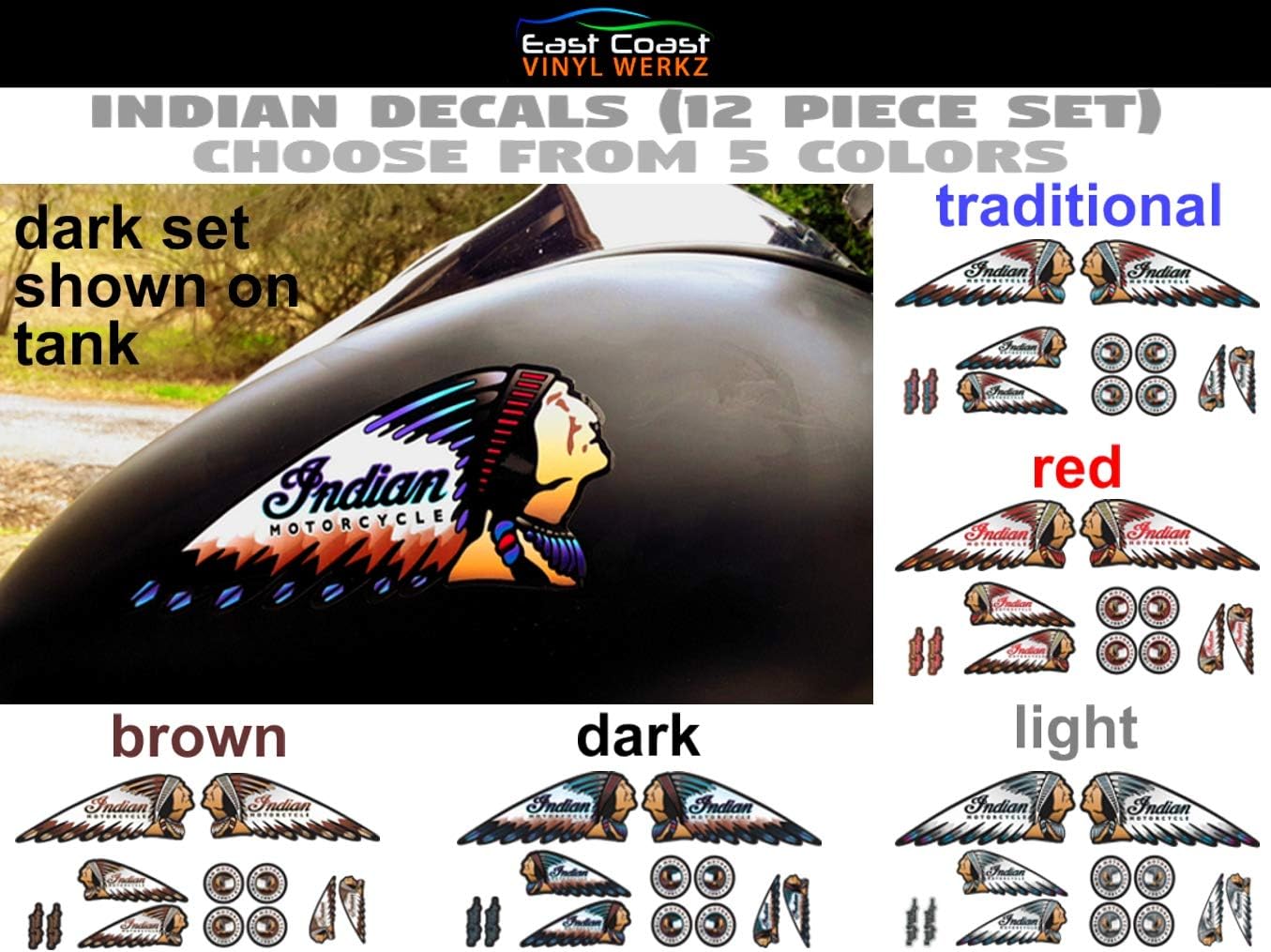 Indian Head Motorcycle Vinyl Decals 12 pc Set Pick from 5