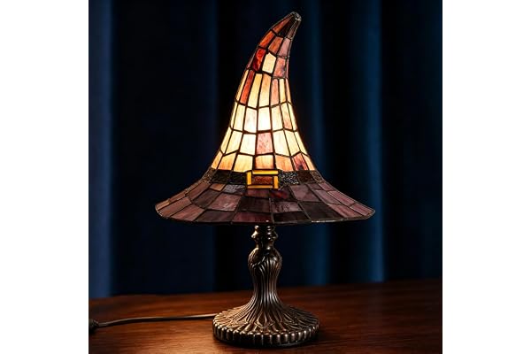 Stained Glass Witch Hat Lamp - Handcrafted Retro Resin Witch Lamp, USB Powered Gothic Wizard Hats Night Light, Halloween Home Decor Accent Lamps for Bedroom & Bookshelf (Purple)