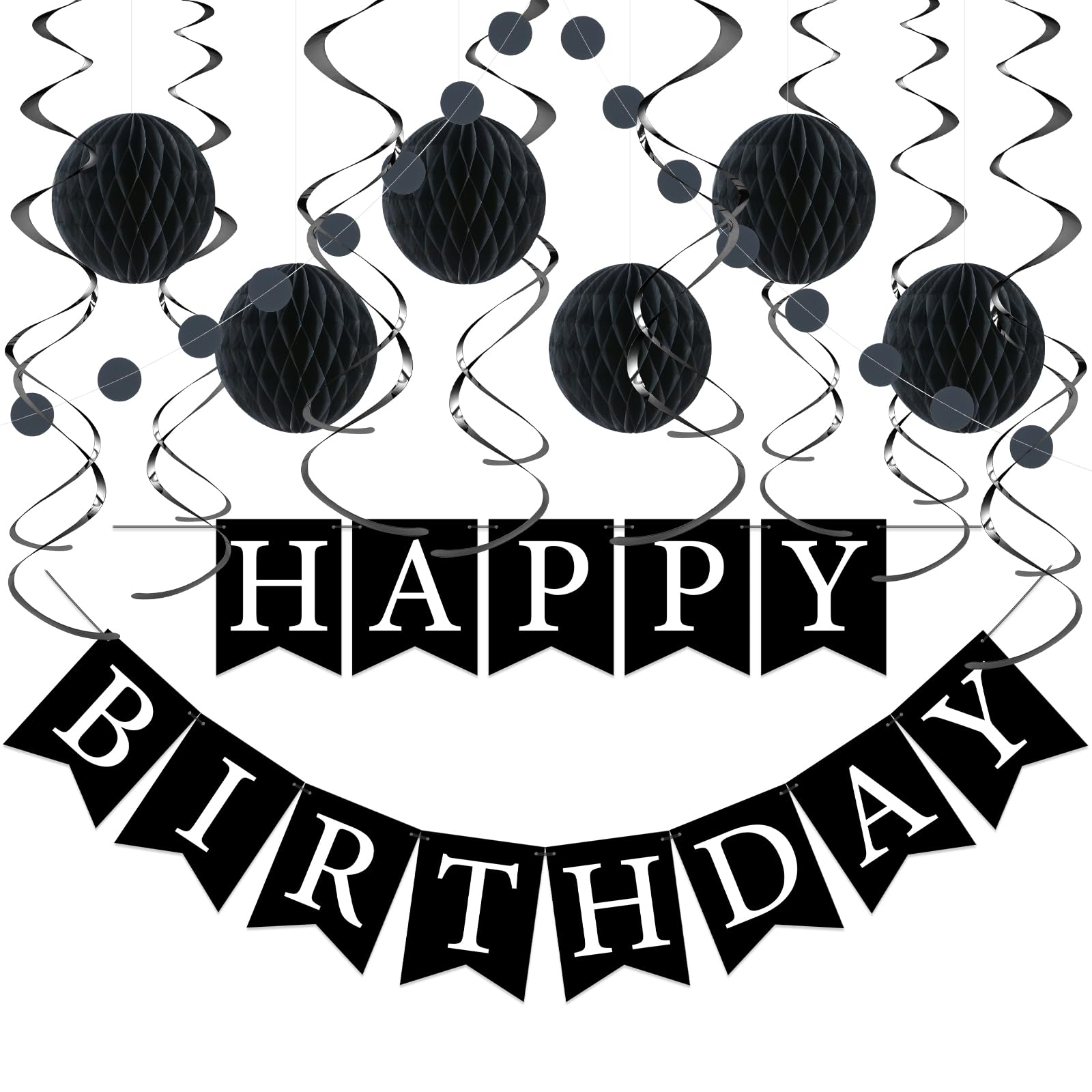 Photo 1 of LITAUS Black Birthday Decorations Kit - 16-Piece Set with Pre-Strung Happy Birthday Banner, Honeycomb Balls, Garland & Swirls | Black Theme Party Supplies for Men Women Girls Kids, Teens Adults