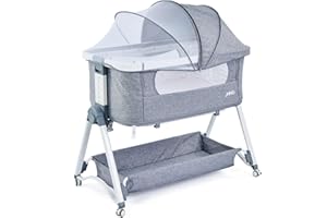 JMMD Baby Bassinet Bedside Sleeper, 3 in 1 Baby Bassinet with Removable Mosquito Net Height Adjustable Side Sleeper Foldable and Portable Bed Side Sleeper for Baby (Grey)