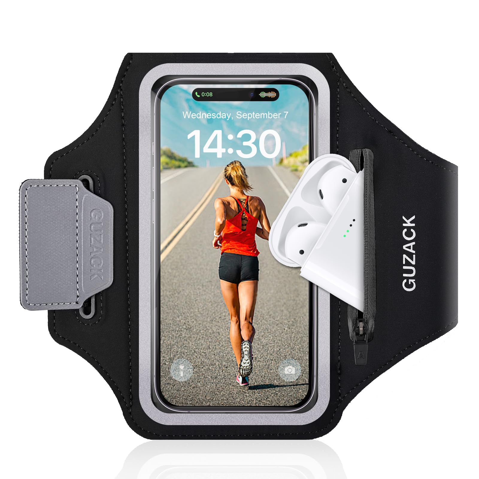Photo 1 of GUZACK Running Phone Holder with Zipper Pouch, Running Armband for iPhone 16 Pro/15/14/13/12/11 Pro Max/Plus/XR/XS, Galaxy S25/S24/S23/S22, Cell Phone Arm Holder with Card Slot - Size S