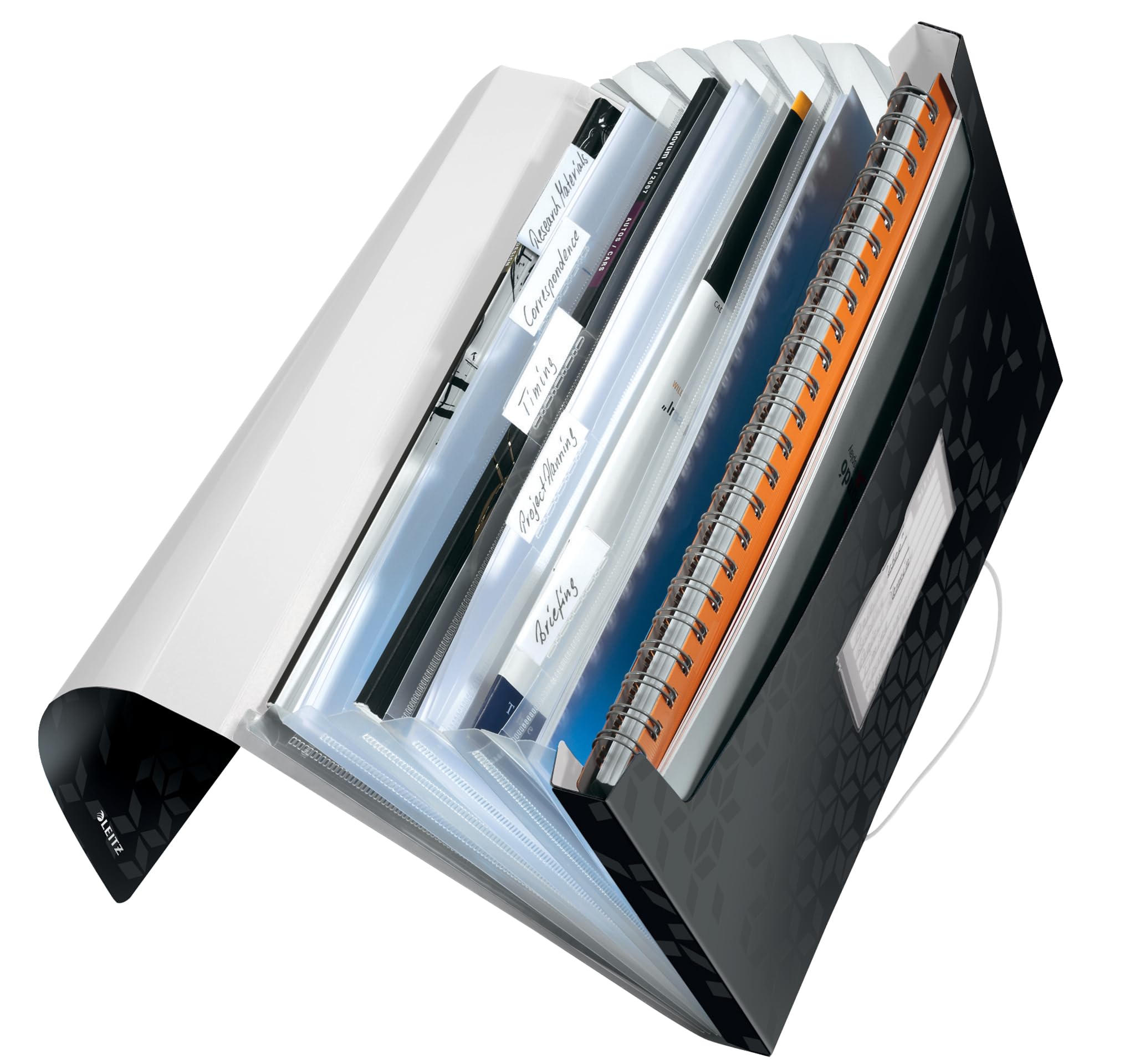 Leitz A4 Expanding File with 6 Compartments, Elastic Band Fastener, Black, WOW Range, 45890095