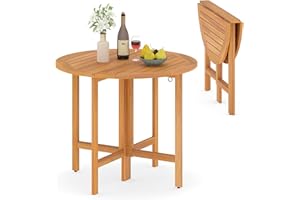 Tangkula 36 Inches Outdoor Folding Round Dining Table, No Assembly Patio Acacia Wood Bistro Table with Slatted Tabletop, for Backyard, Porch, Balcony