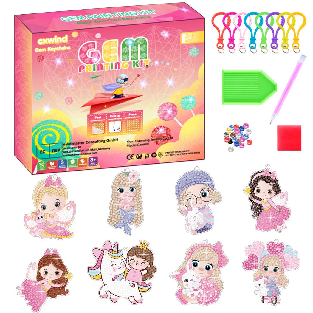 Chengxun Diamond Art for Kids, 8 Pcs Girls Gem Art Keychain, Art Crafts Diamond Painting Kit for Kids, Painting by Numbers Girls Gift Ages 6-8 -10-12 Purse/Key Pendant/Bag Decor (Pink02) …