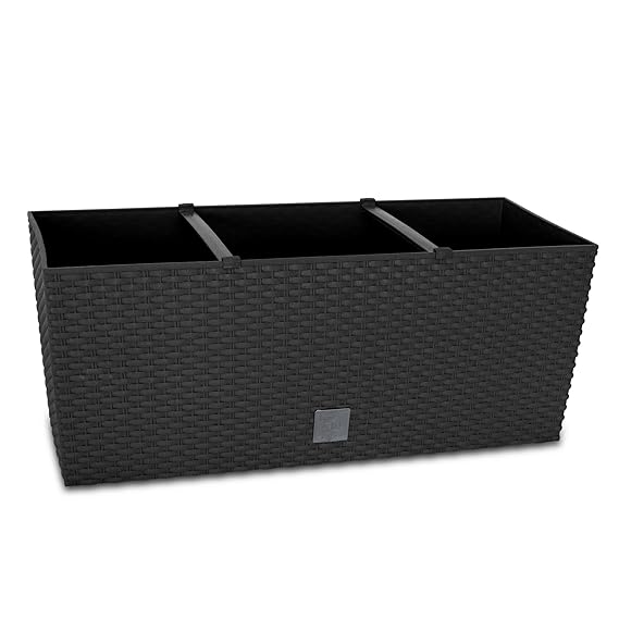 Rattan Optik Blumenkasten 60 cm Anthrazit + Bewässerungssystem + Wasserstandsanzeiger