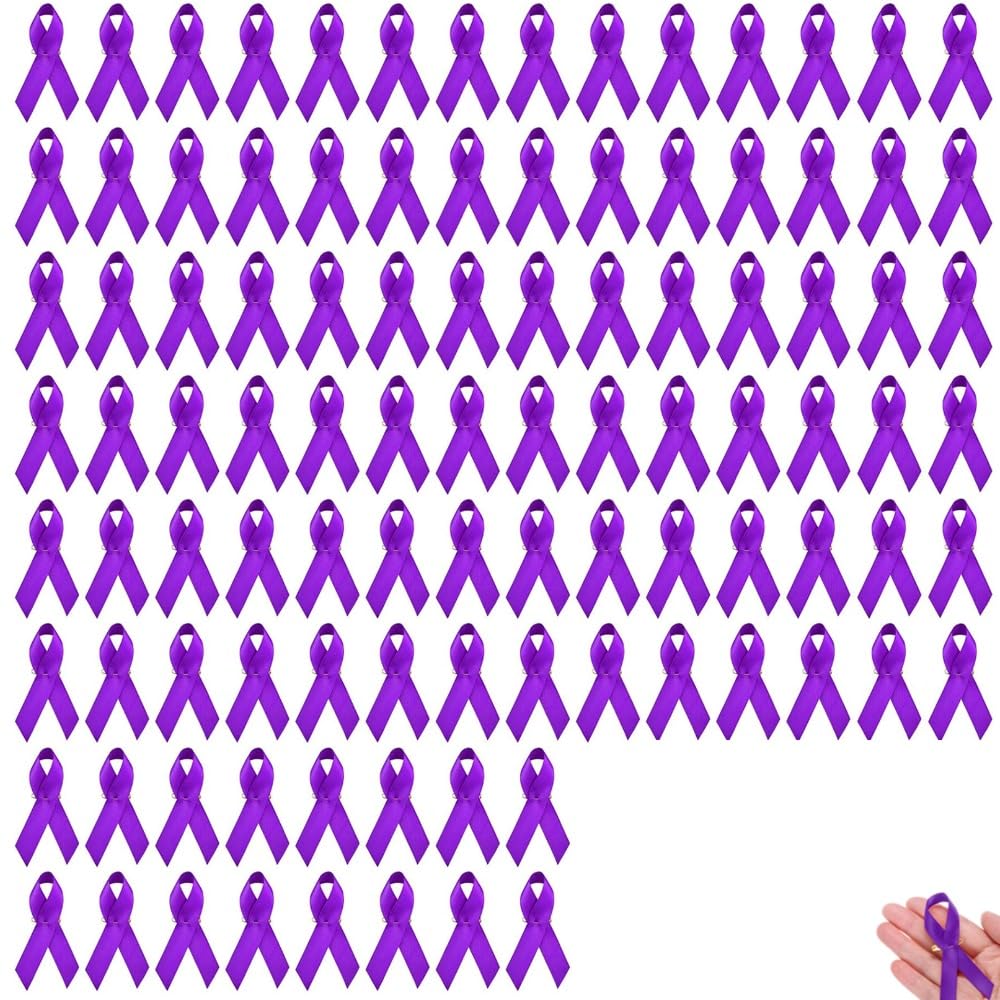 100 Pcs 7.5 x 4cm Purple Ribbon Brooch, Satin Awareness Brooches for Cancer, Lupus, Alzheimer’s & Domestic Violence Causes, Fundraising & Awareness Events