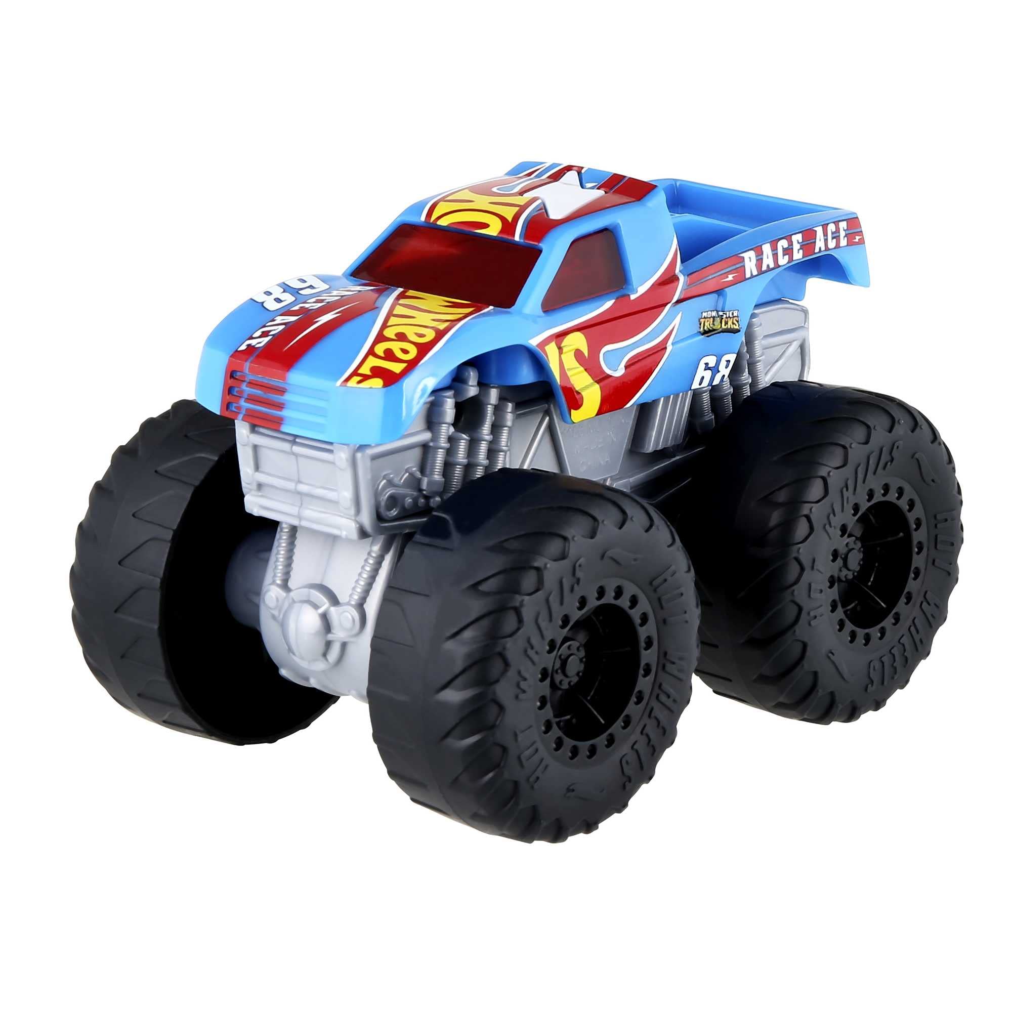 Hot Wheels Monster Trucks Roarin’ Wreckers Race Ace Truck with Lights & Sounds, Engine Revving & Crushing Noises, Cab Light, Plays Hero’s Theme Song, Gift for Kids 3 Years & Up