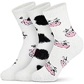 Foaincore 3 Pairs Fuzzy Cow Socks for Women Cow Print Stuff Chunky Hose Cute Winter Fluffy Cozy Slipper Socks Warm Funny Animal Hose Gifts for Women Favors