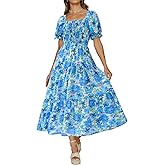 PRETTYGARDEN Women's Boho Floral Print Summer Dresses Square Neck Puff Sleeve A Line Long Dress Smocked Casual Maxi Dress