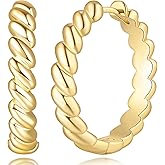 BEAUSPA 14K Gold Earrings for Women Gold Hoop Earrings for Women Dainty Gold Hoops Earring for Womens Minimalist Round-edge Twisted Texture Hoops Earring for Womens