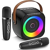 Mini Karaoke Machine, Portable Bluetooth Speaker with 2 Wireless Microphones for Kids & Adults, Karaoke Microphone with LED Lights, Gifts for Girls & Boys
