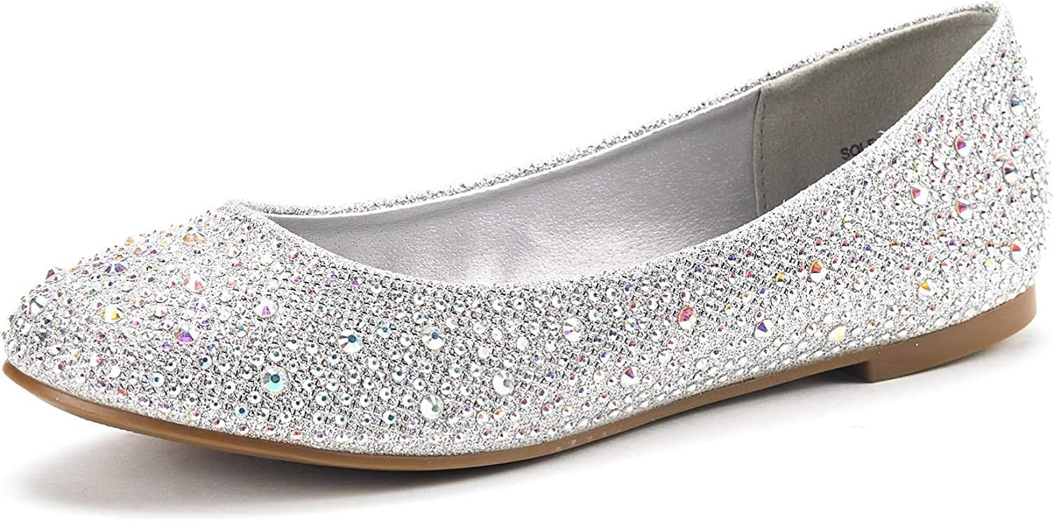 DREAM PAIRS Women's SoleShine Silver Rhinestone Slip On Ballet Pumps
