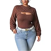 Floerns Women's Plus Size Cut Out Ribbed Knit Sweater Crew Neck Long Sleeve Pullovers Fall Outfit