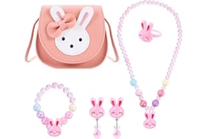 BTHRORO Purse for Little Girls Jewellery Set, Bunny Crossbody Bag Rabbit Necklace Bracelet Rings Earrings Princess Play Dress Up Jewelry Accessories Party Favors Gift