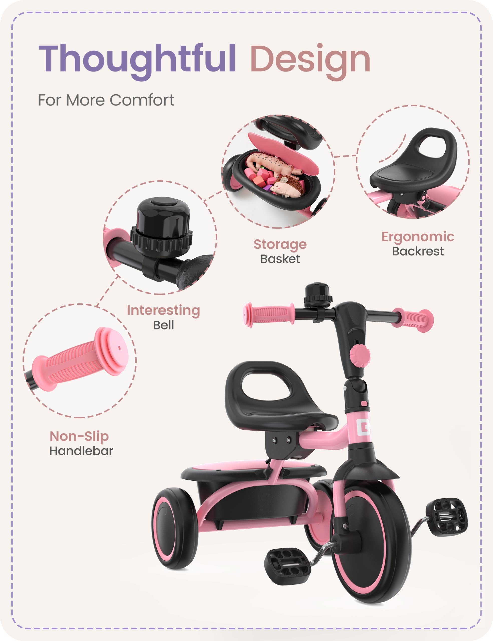 besrey Toddler Tricycle with Bell, Kids Tricycle Age 18 Months to 5 Years, Kids Trike, Toddler Bike for 2-4 Year Olds, Baby Bike, Gifts & Toys for Boys & Girls, Pink