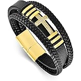 Fahonie Cross Leather Bracelet for Men Women 316L Stainless Steel with 18K Gold Plated Christ Jesus Crucifix Handmade Bracelet,7.5/8/9 Inches