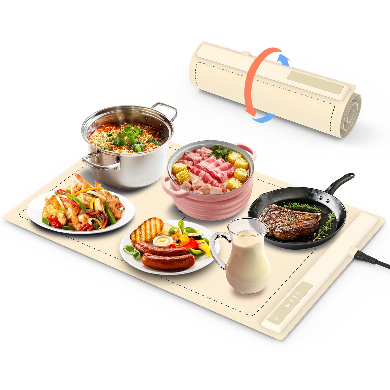 Photo 1 of Electric Warming Tray - 3 Modes &Full Surface Heating,Rollable & Portable,Premium Silicone Nano-Material,3 Temperature Settings,Auto Shut-Off -Versatile Food Warmer for Gatherings,Parties (Cream)