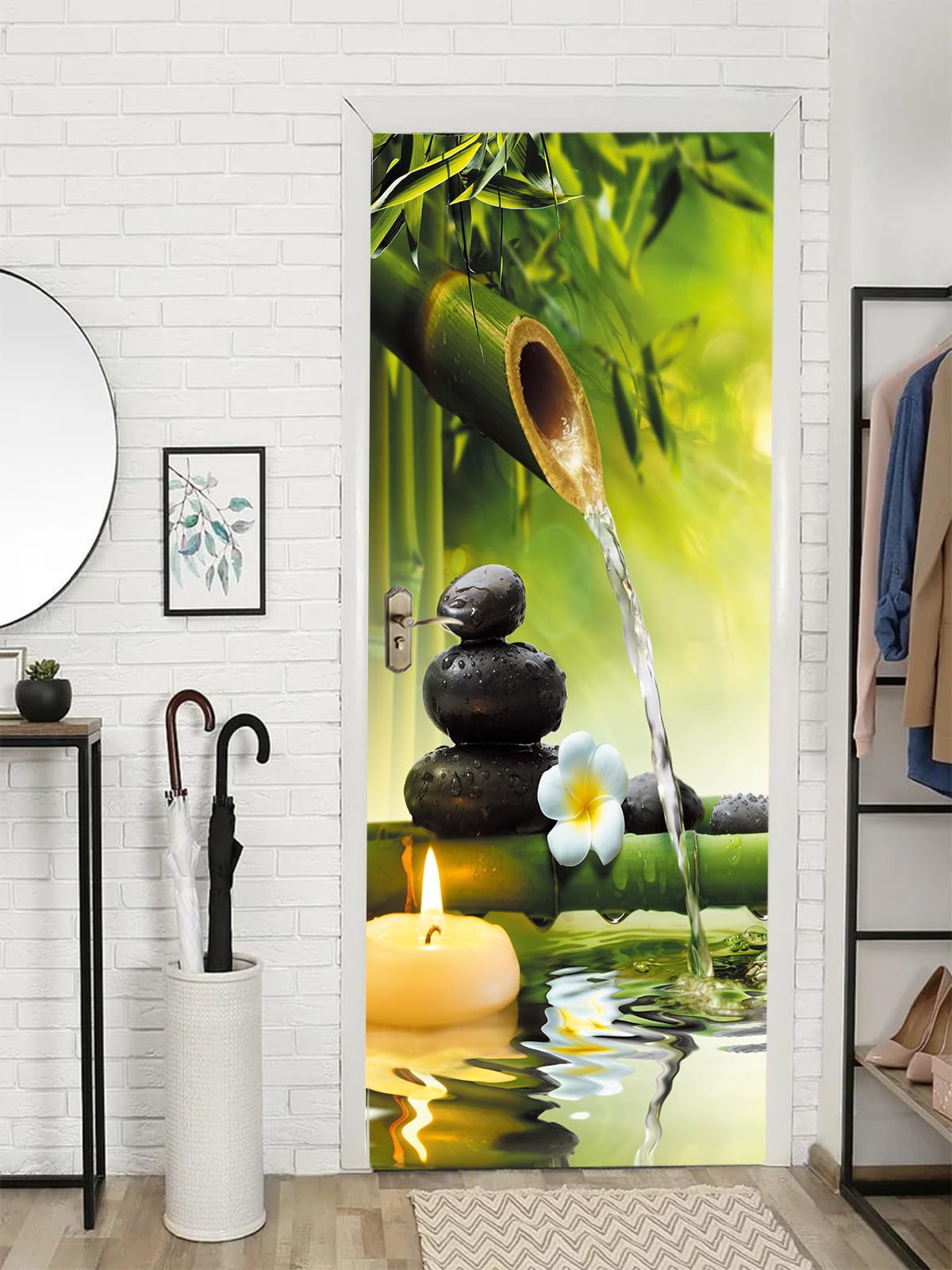 FLFK 3D Door Sticker Peel and Stick 77x200cm- Self-Adhesive Door Wallpaper Poster Wall Murals Decals Green Bamboo Landscape for Home Decor(2Pcs/Set)