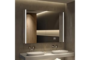 HBEZON Medicine Cabinet with LED Lights and Mirror, 48 x 36 Inch Surface or Recessed Mounted Bathroom Cabinet with Door, Clock&Temp, Defogger, Memory Function, 3-Color Mode, Outlet&USB, Dimmer