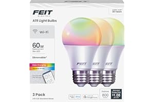 Feit Electric Smart Light Bulbs with RGBW Color Changing and Tunable White, 60W Replacement, Dimmable, Wi-fi Enabled, No Hub Needed, Works with Alexa and Google, OM60/RGBW/CA/AG/3, 3 Pack