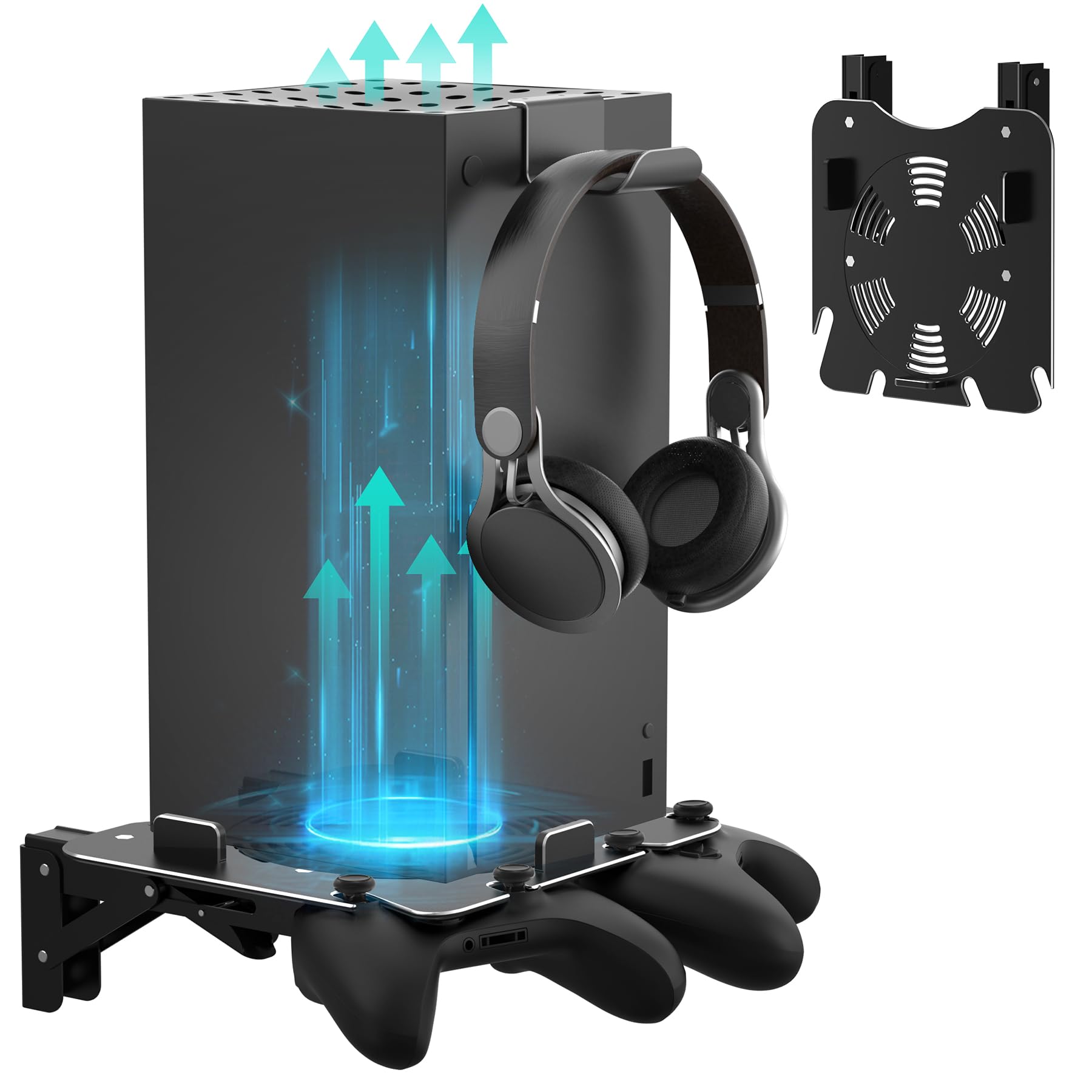ZHGM Folding Wall Mount for Xbox Series X, Aluminum Alloy Wall Mount Kit for Xbox X with 2 Controller Holders & 1 Headphone Hook, Console Facing Forward Heavy Duty Shelf Wall Mount Bracket (Black)