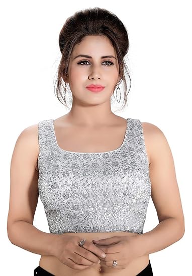 Women's Silver Net Round Neck Readymade Saree Blouse