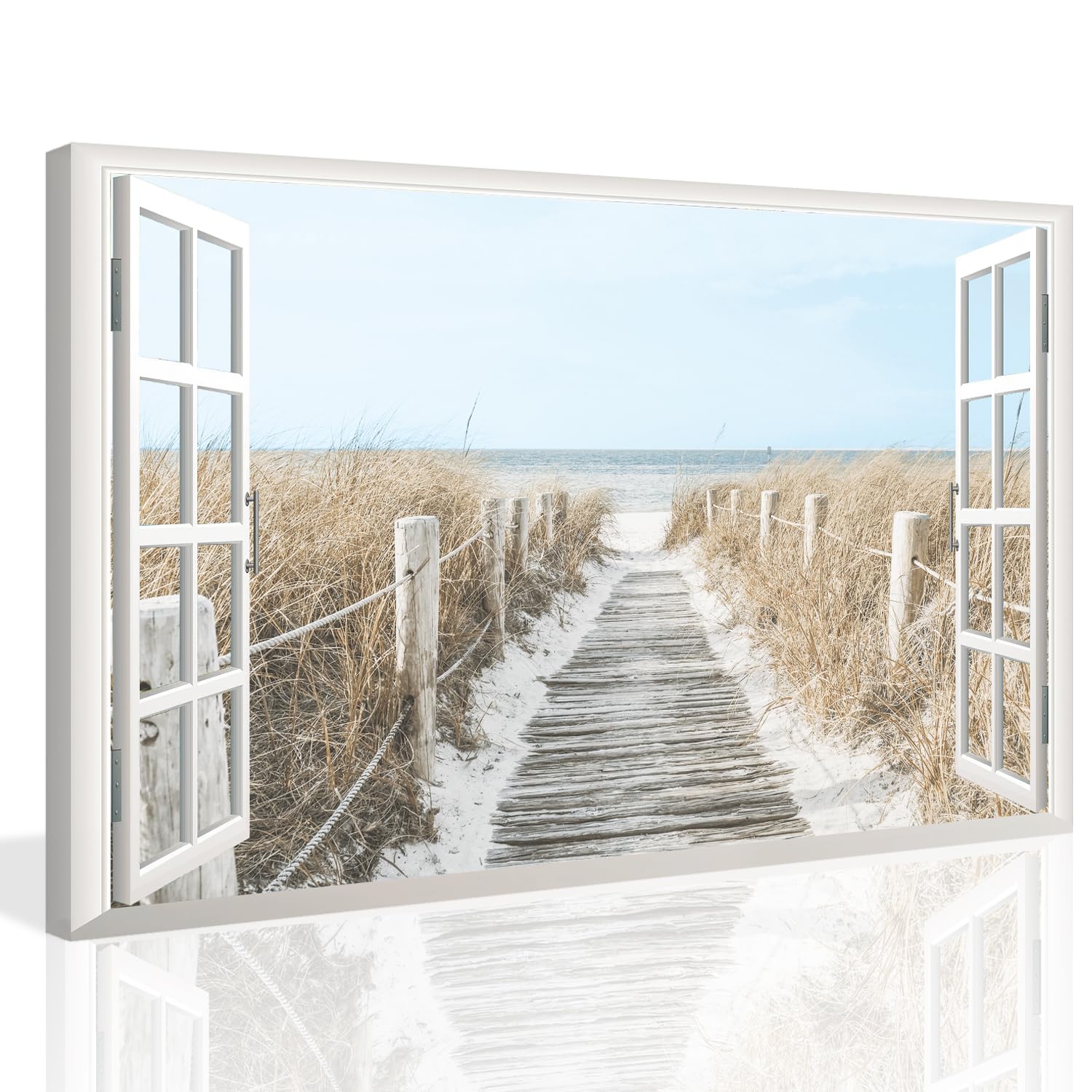 KAIRNE 3D Fake Window Wall Art Poster Coastal Beach Reeds Canvas Prints 39x59cm Modern Living Room Wall Decor Weeds Pathway to Ocean Landscape Wall Picture Sea Artwork for Bedroom Study Room Office