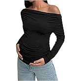 MakeMeChic Women's Off The Shoulder Maternity Tee Shirt Long Sleeve Asymmetrical Neck Ruched Pregnancy Top