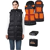 Long Puffer Heated Vest for Women with 16000mAh Battery Pack, 10 Heating Zones Hooded Winter Women's Heated Vest Outwear