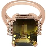 KOKAV 925 Sterling Silver Genuine Smoky Citrine Diamond Ring Rose Gold Plated, Size 7