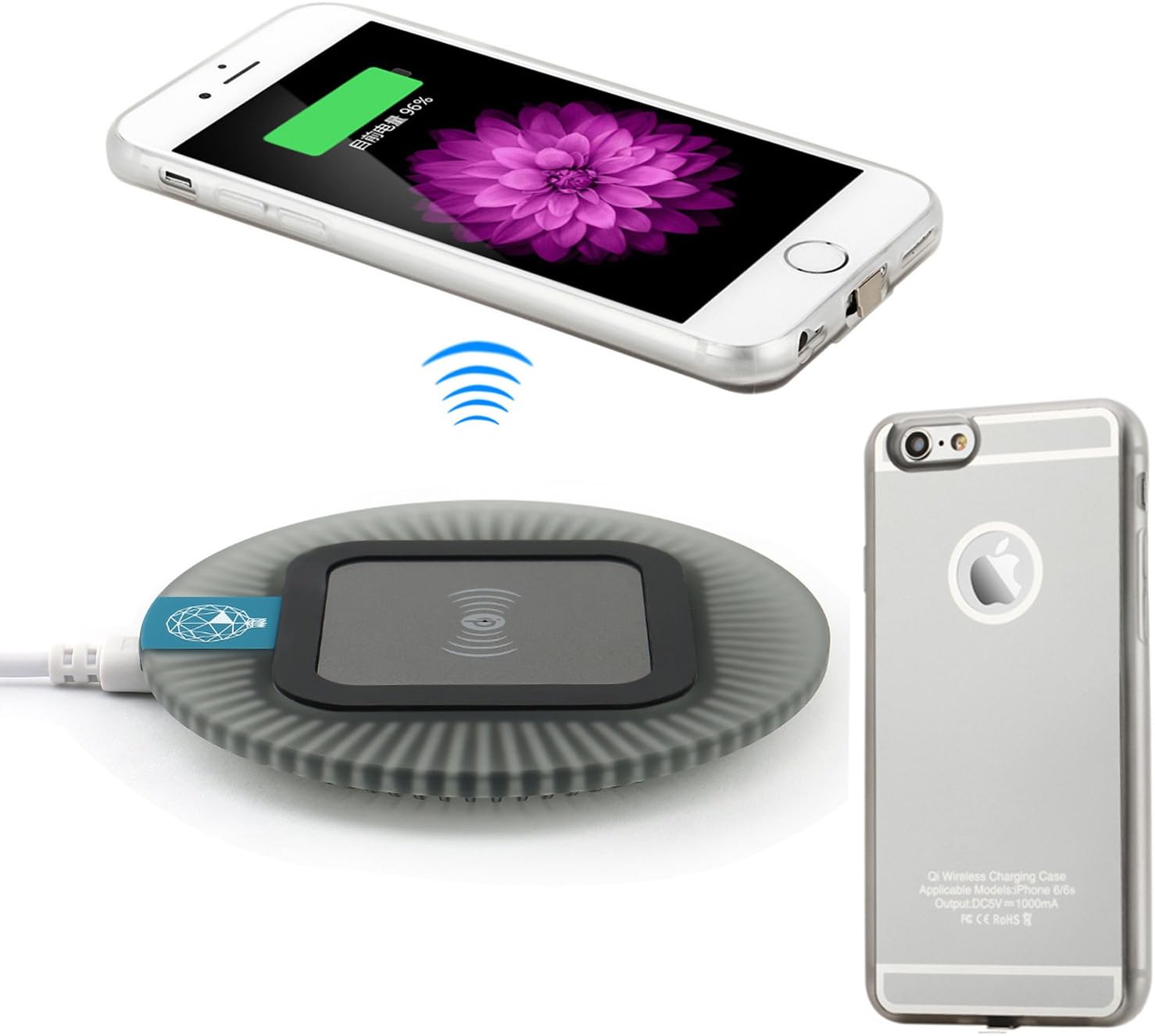 Antye Qi Wireless Charger Kit for iPhone 6 Plus / 6S Plus, Includes Wireless Charging Case and Wireless Charging Pad, Silver/Black