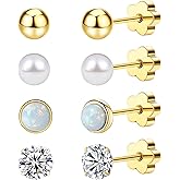 Enticera 4Pairs Flat Back Earrings for Women 14K Gold Hypoallergenic Cartilage Earring for Sensitive Skin CZ Opal Heart Star Ball Screw Back Nap Earrings for Helix Piercing