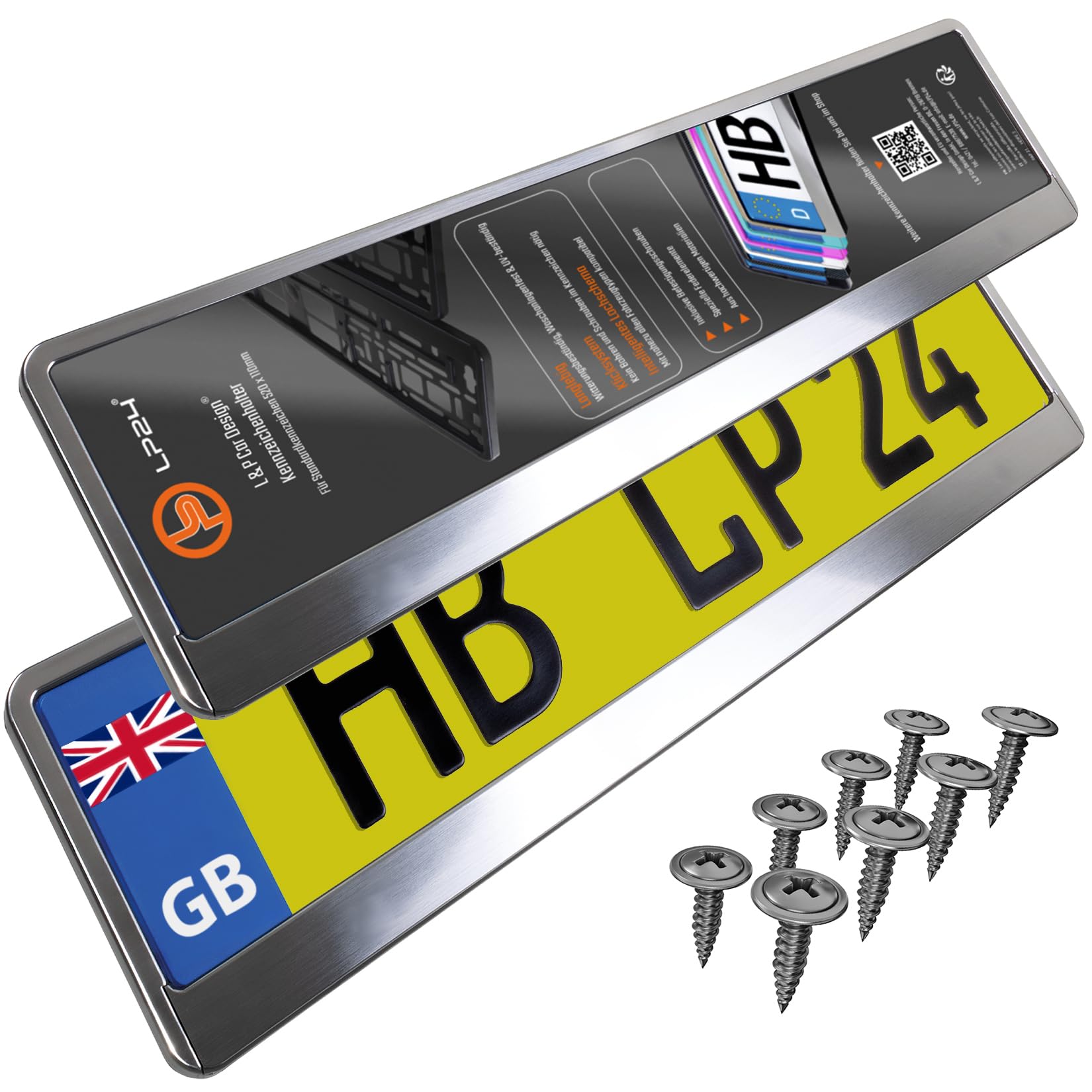 2x Number Plate Holder for Car - License Plate Holder - Chrome brushed - for UK Registration Plates - 520 x 110 mm - 8 Screws - Universal - Reg Plate Holders - fits for Car Caravan Trailer - 52x11 cm