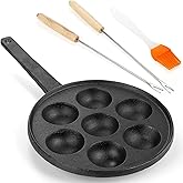 WUWEOT Cast Iron Aebleskiver Pan, 2" Ebelskiver Pan Banh Khot Griddle, 7 Hole NonStick Appam Maker Pan, Half Sphere Appe Maker with Turn Sticks and Brush for Baking Cooking