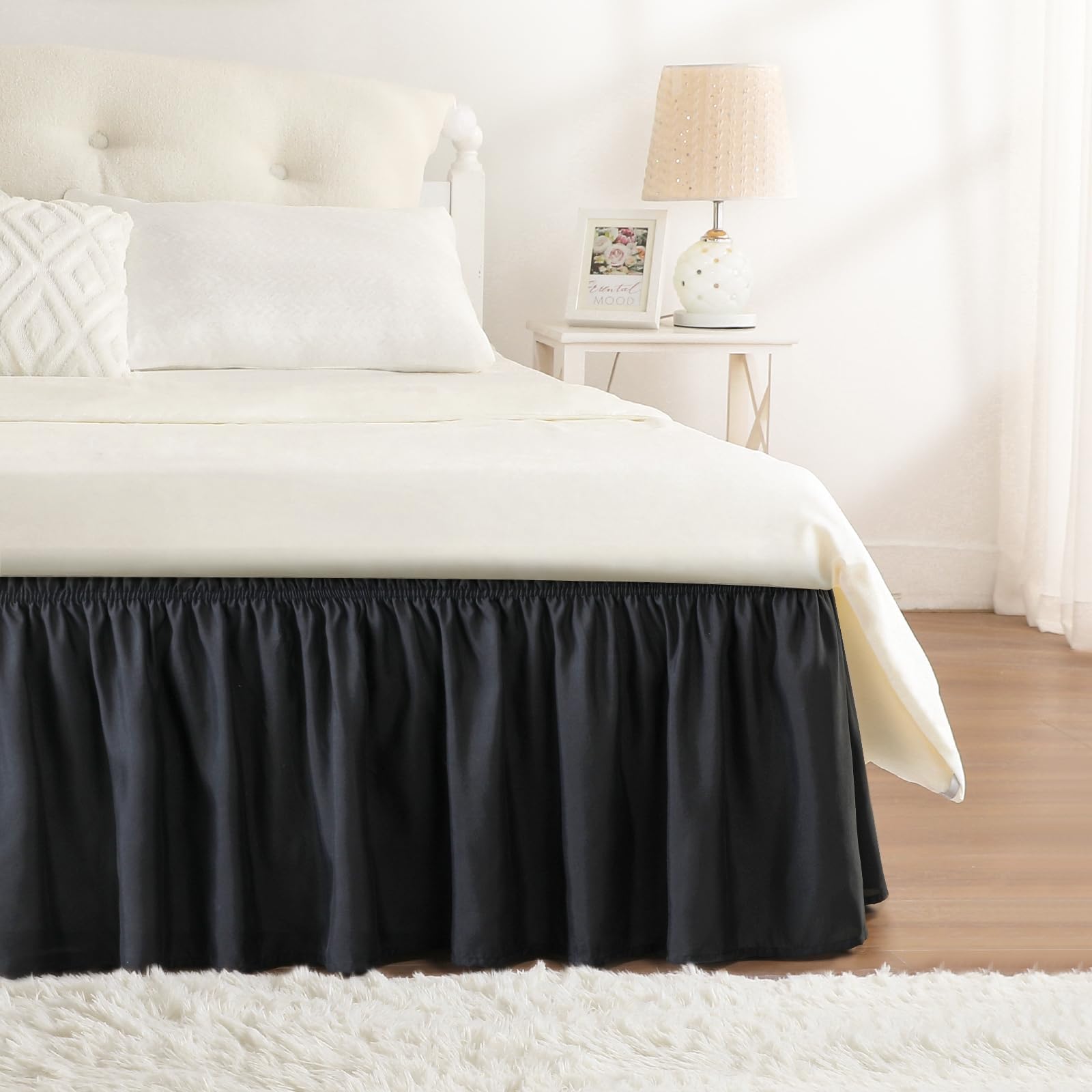 RIMELA Black Bed Valance Sheet Double Elasticized Bed Skirt Easy to Install - Soft Brushed Polyester - 38 cm Drop - (135 x 190 cm)