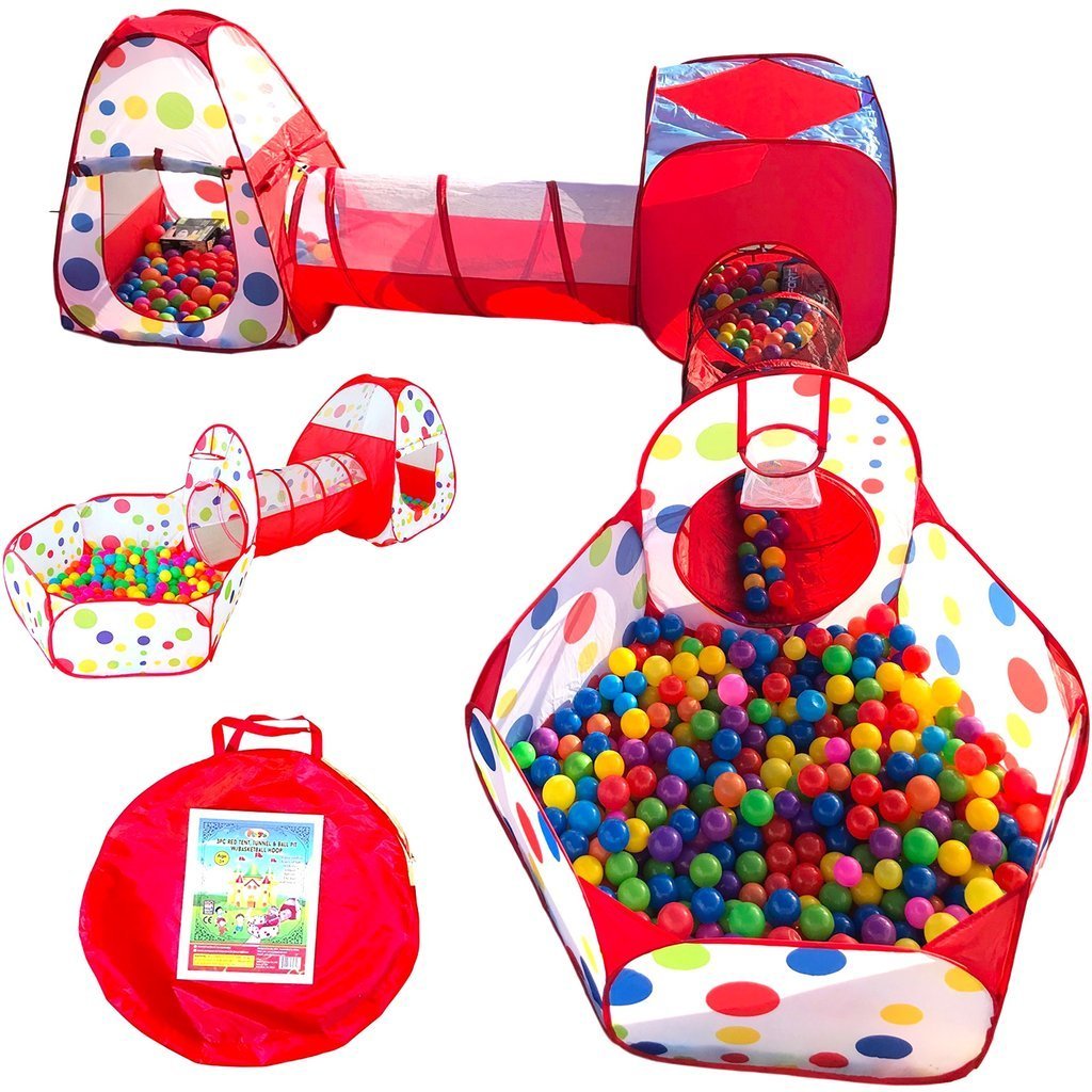 Playz6-Piece Kids Play Tents Crawl Tunnels and Ball Pit Popup Bounce Playhouse Tent with Basketball Hoop for Indoor and Outdoor Use with Red Carrying Case
