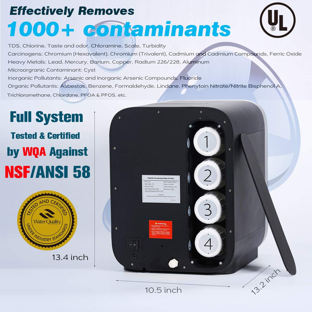 Frizzlife Reverse Osmosis Water Filtration System - Countertop RO Water Filter, 4 Stage, Tankless, TDS and Filter Life Monitoring, Drain Water Recycle (Water Utilization 5:1), RO System Certified: Industrial & Scientific