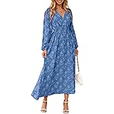 Simplee Womens Boho Floral Long Sleeve Maxi Dress V Neck Empire Waist Fall Wedding Guest Dresses with Pockets