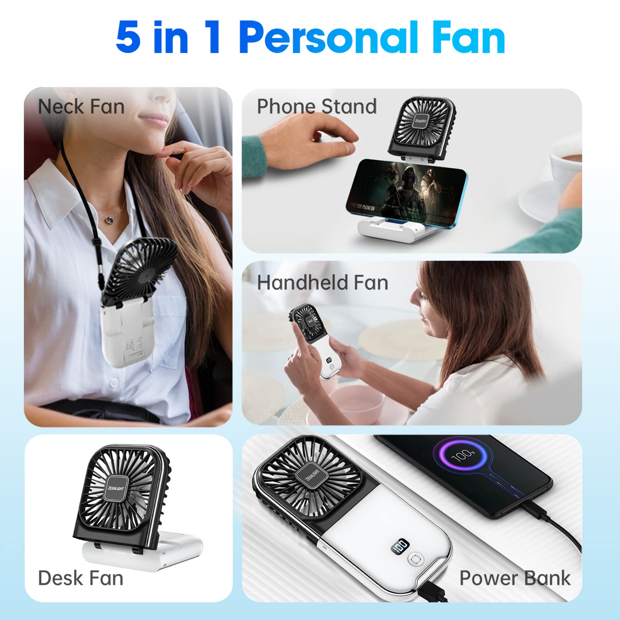 Upgraded 5-in-1 Portable Handheld Fan, Necklace Fan, Mini Desk Fan, Foldable Phone Stand, Emergency Backup Power, Quiet USB Rechargeable Personal Fans with LED Digital Screen (Black & white)