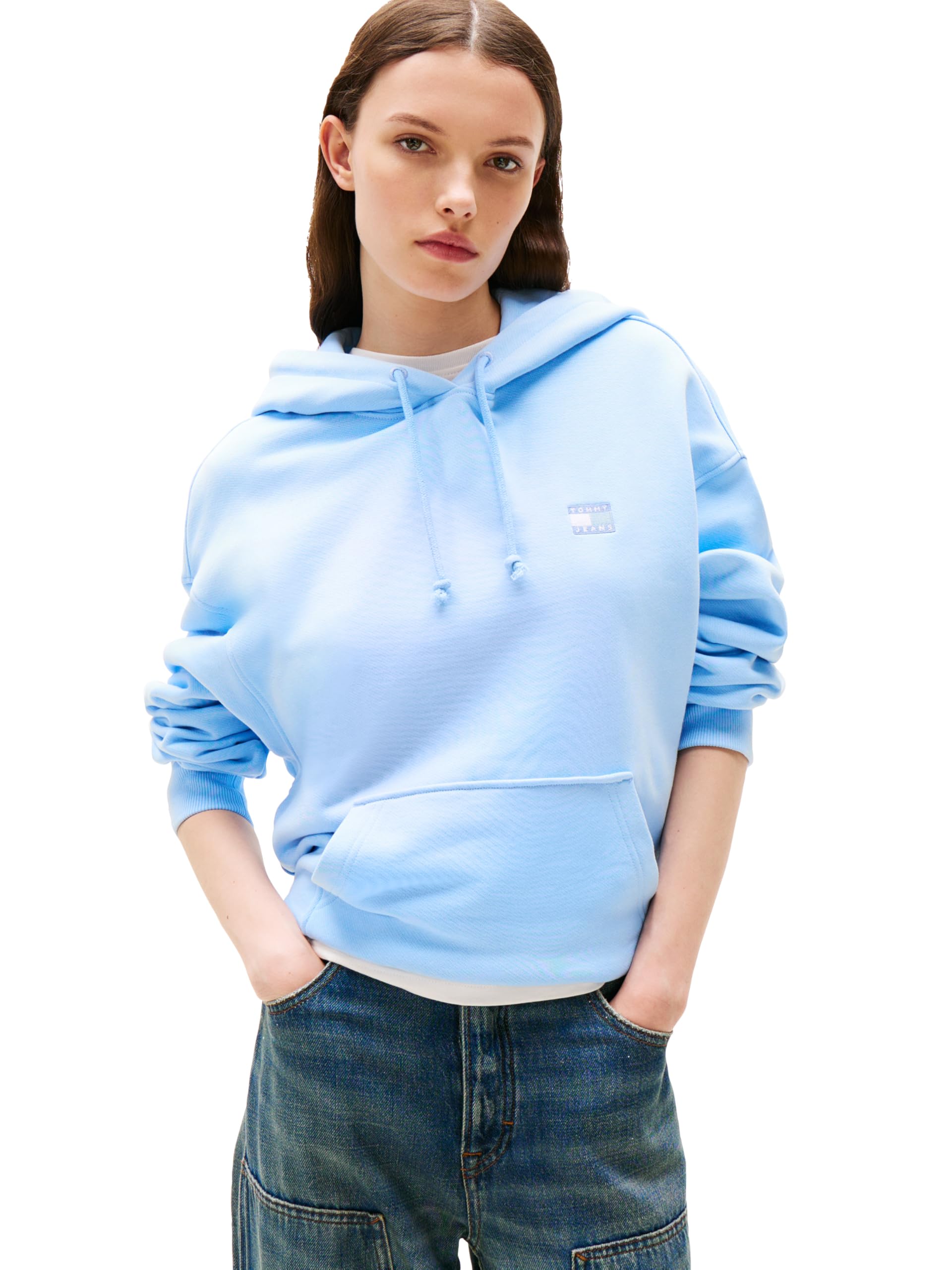 Tommy Jeans Womens Boxy Badge Hoodie, LIGHT POWDERY BLUE TONAL X-Small