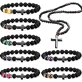 Elepadaki 8Pcs Bracelet Beads Men Necklace Cross, 8mm Semi-Precious Gemstones Cross Beaded Bracelets Tungsten steel Necklace Set for Men Women Necklace Bracelets Jewelry Set Gift