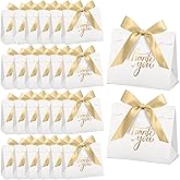 CINSOEN 24 PCS Thank You Gift Bags, 4.7x4.1x2.5 Inches Mini Baby Shower Favors White Small Party Favor Bags with Gold Ribbon Candy Gift Boxes for Valentine Wedding Bridal Birthday Party School