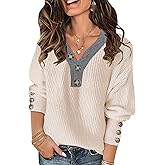 Soesdemo Oversized Sweaters for Women Warm Cozy Chunky Soft Casual Knitted V Neck Button Down Pullover Tunic Sweaters
