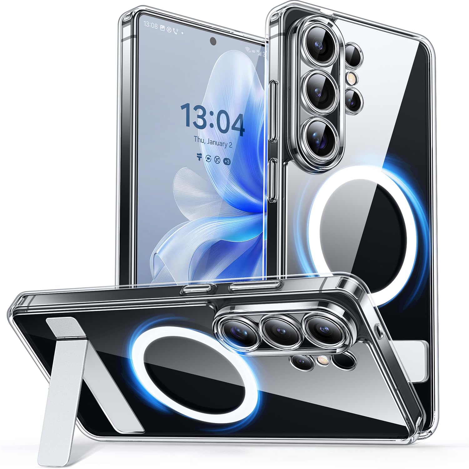 CANSHN Designed for Samsung Galaxy S26 Ultra Case (6.9 inch) with Durable Metal Stand, Upgraded [Full Camera Protection] Transparent Back, Hard Case Cover, Clear
