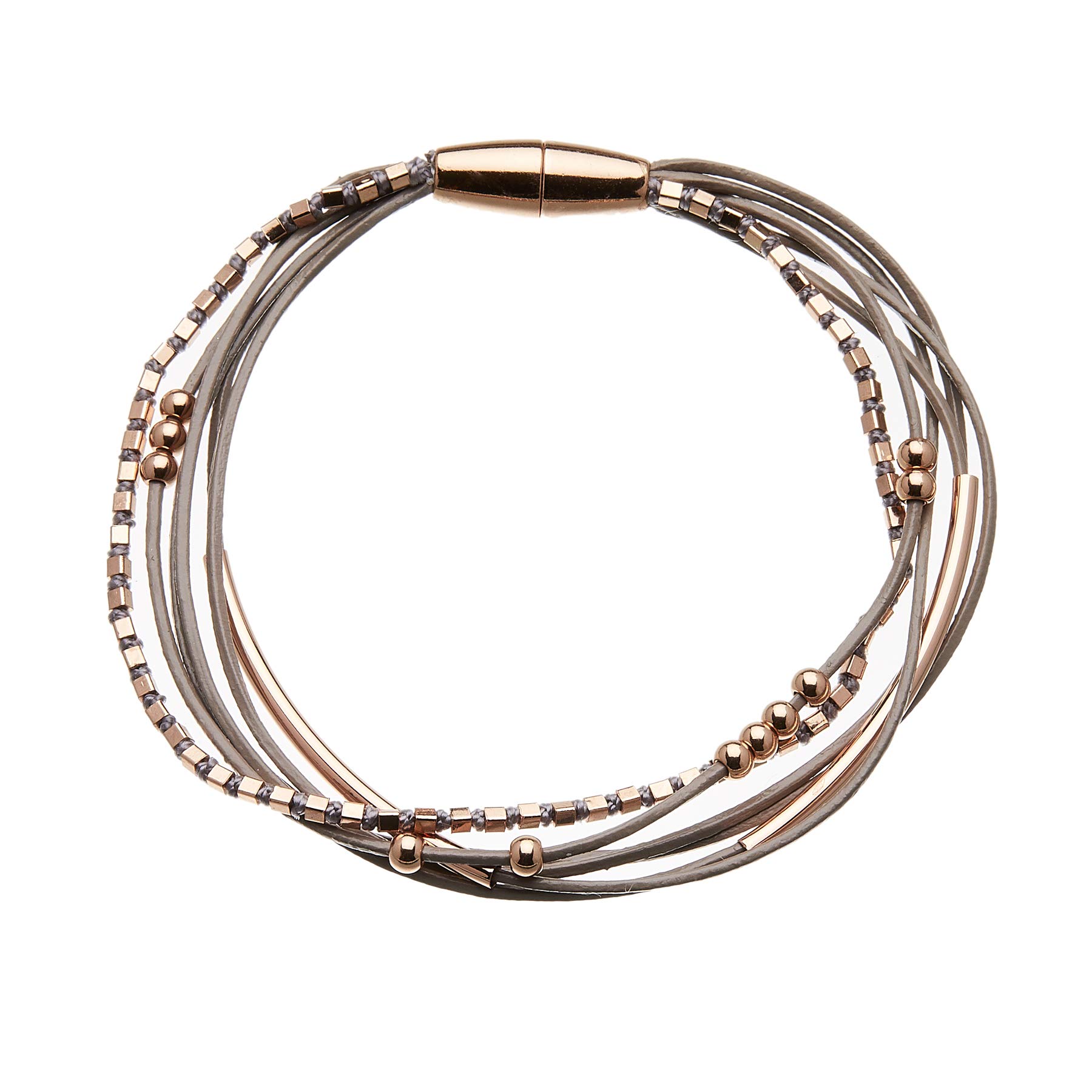 Bello London Grey Leather Bracelet with six thin strands and rose gold plated beads - Riley RG