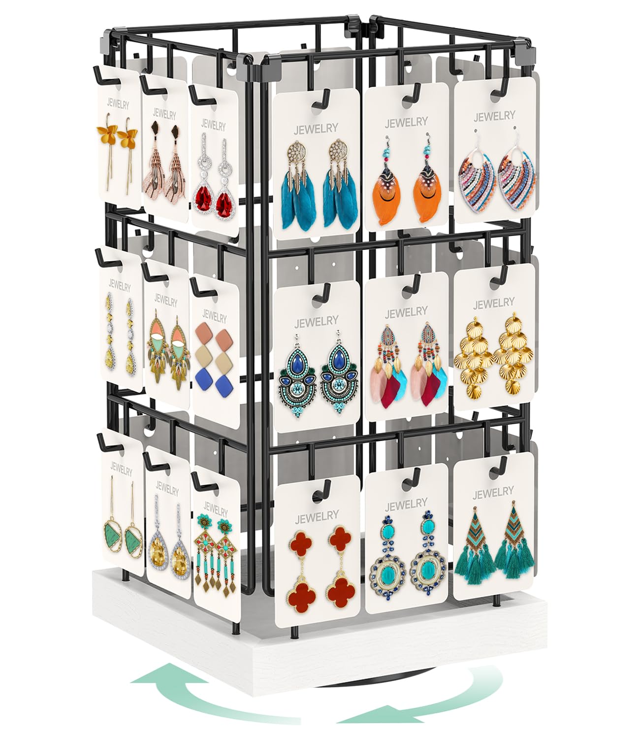 Photo 1 of EsLuker.ly Rotating Earring Display Holder Stand for Vendors Events Selling, Large Capacity 36 Hooks Jewelry Rack with Wooden Base for Earring Card Sales, Enhances Retail Visibility