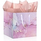 11.8" Extra Large Gift Bag Colorful Marble Square Giant Gift Bag with Handles and Tissue Paper Big Present Bag Pink Purple Wrapping Paper Bag for Birthday Wedding Christmas Baby Shower Party Supplies